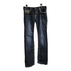 Cowgirl Tuff No Limits Bootcut Jeans  Womens Sz  31x35 Dark Stretch Denim Flaws